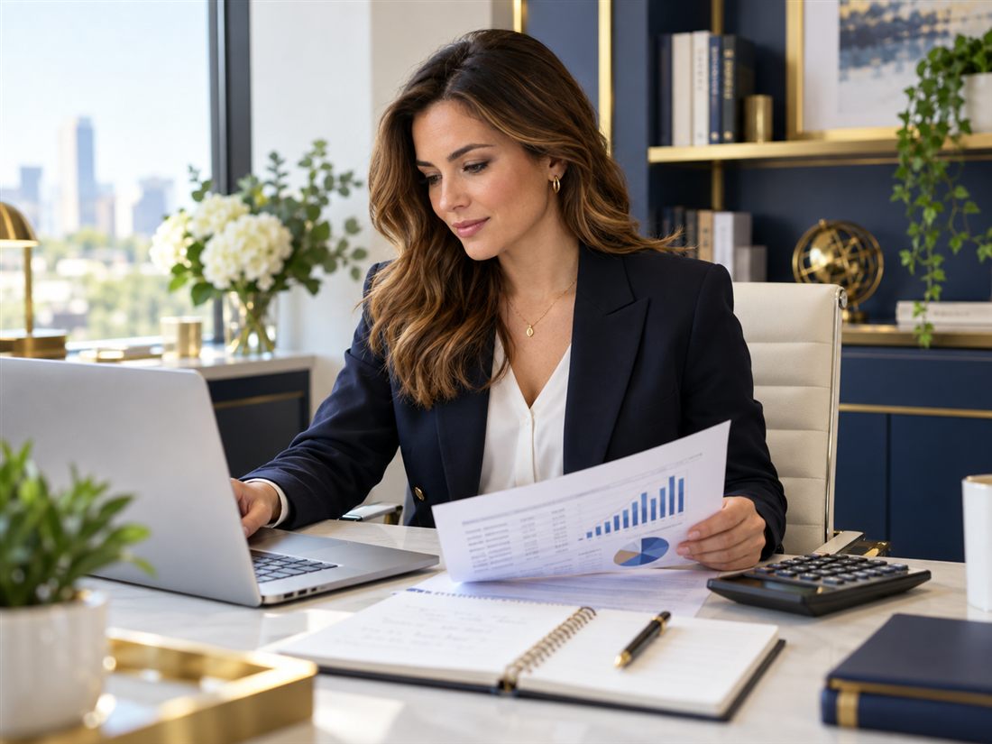 Contadora analisando relatórios no escritório